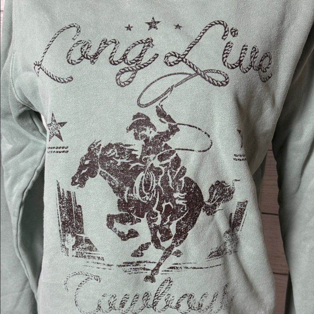 Zutter Sage Green 'Long Live Cowboys' Crew Neck Sweatshirt Size Small - Picture 2 of 5